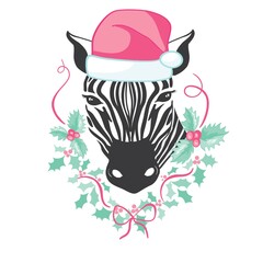 Graphical zebra in Santa Claus hat isolated on white background,vector new year illustration