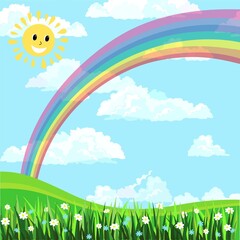 blue sky, rainbow,sun and white clouds background, green grass and white flowers, vector illustration