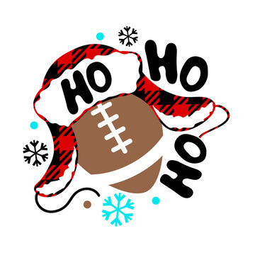 Football ball clip art. Ho ho ho saying. Winter decor. Cheerleading vector design. Christmas party. Sport stock image. Isolated on transparent background.