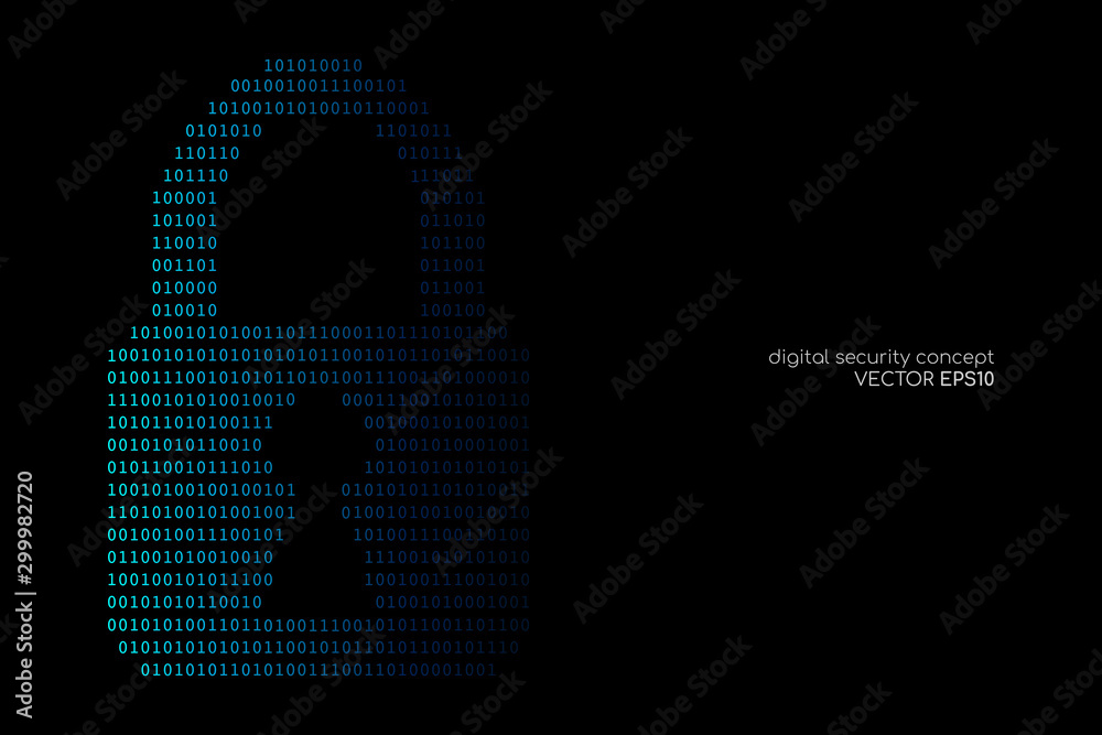 Aufkleber internet or digital security concept by binary code drawing a padlock blue on black backgrounds.