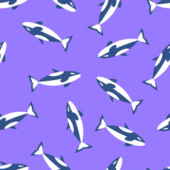 Seamless pattern with killer whale of flat modern style. Background and symbol of underwater fauna.