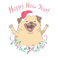 Puppy Pug in a Santa's hat and with Christmas toy ball. Vector illustration.