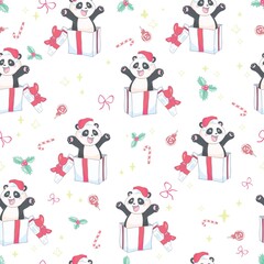 Seamless pattern with the image of a cute Panda in a cartoon style. Children vector background.