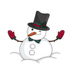 Cartoon snowman with bow tie, mittens and hat. Isolated object on white background.