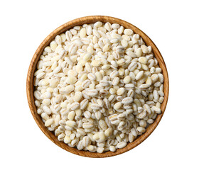 Pearl barley grains heap in wooden bowl close up isolated on white background
