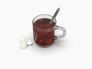 Top View for Glass Mug Of Hot Tea & Sugar Cubes & Metal Stainless Steel Spoon - 3D Illustration