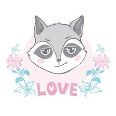 Vector illustration with cute raccoon holding in the hands of the heart. Perfect for greeting cards for Valentine's Day.