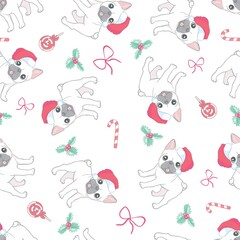 Seamless pattern French bulldogs with Santa hats