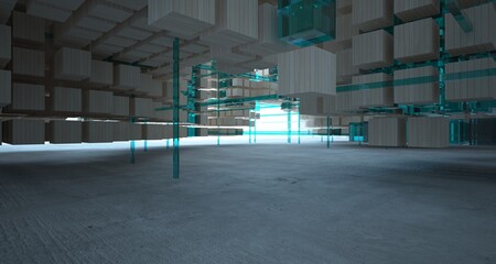 Abstract architectural wood and glass interior from an array of cubes with large windows. 3D illustration and rendering.