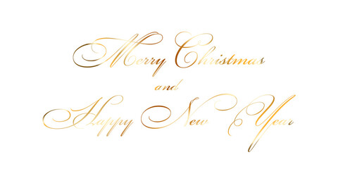 Merry Christmas and Happy New Year gold text decoration. Bright golden texture lettering with sparkle, isolated white background. Design typography for holiday, greeting card. Vector illustration