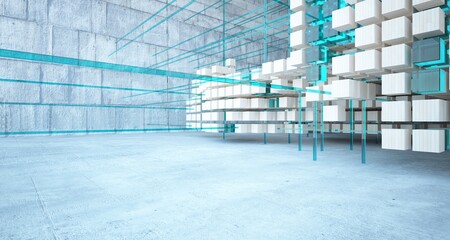 Abstract architectural wood and glass interior from an array of cubes with large windows. 3D illustration and rendering.