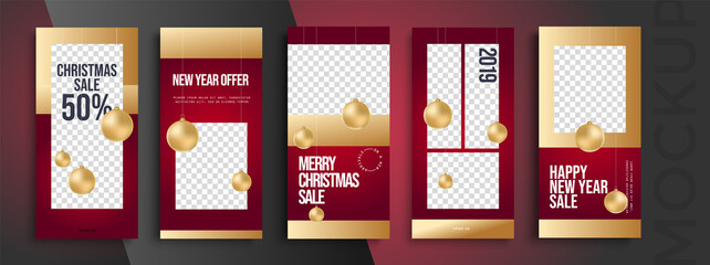 Editable Christmas and New Year stories vector template for social media. Instagram