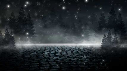 Dark forest. Gloomy dark scene with trees, big moon, moonlight. Smoke, shadow. Abstract dark, cold street background. Night view.