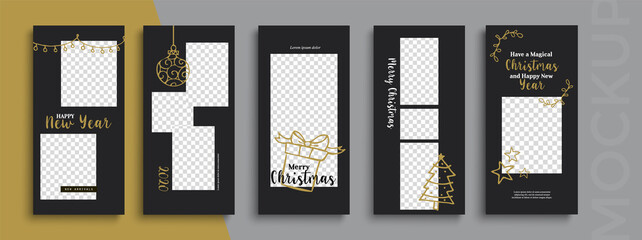 Editable Christmas and New Year stories vector template for social media. Instagram