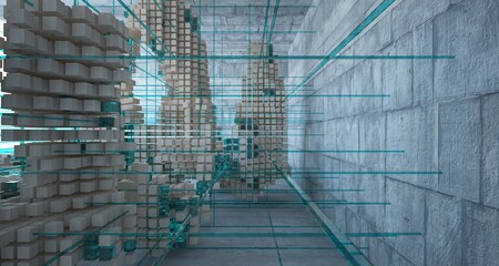 Abstract architectural wood and glass interior from an array of cubes with large windows. 3D illustration and rendering.