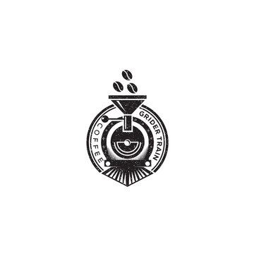 vintage, retro rustic logo grinder train with stamp style coffee bean vector