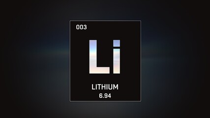 3D illustration of Lithium as Element 3 of the Periodic Table. Grey illuminated atom design background with orbiting electrons. Design shows name, atomic weight and element number