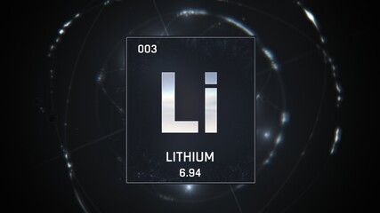 3D illustration of Lithium as Element 3 of the Periodic Table. Silver illuminated atom design background with orbiting electrons. Design shows name, atomic weight and element number 