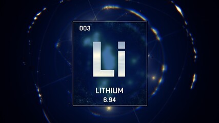 3D illustration of Lithium as Element 3 of the Periodic Table. Blue illuminated atom design background with orbiting electrons. Design shows name, atomic weight and element number