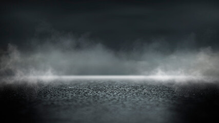 Wet asphalt, reflection of neon lights, a searchlight, smoke. Abstract light in a dark empty street with smoke, smog. Dark background scene of empty street, night view, night city.