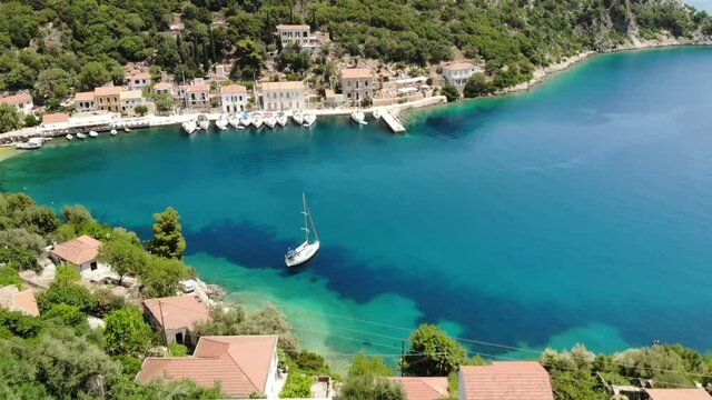 Aerial video of Kioni municipal port, Ithaca, Greece