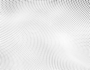 Halftone texture is black and white. Background of dots of chaotic waves. Abstract pop art template. Vector pattern for printing on posters, labels, fabric