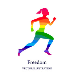 Fototapeta na wymiar Running woman consisted of rainbow ribbons