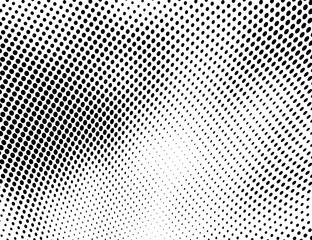 Halftone texture is black and white. Background of dots of chaotic waves. Abstract pop art template. Vector pattern for printing on posters, labels, fabric