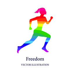 Fototapeta na wymiar Running woman consisted of rainbow ribbons, vector