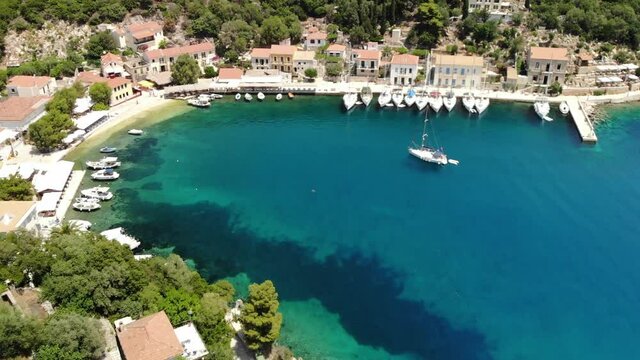 Aerial video of Kioni municipal port, Ithaca, Greece