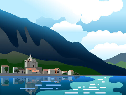 Vector landscape of little europian sea city.