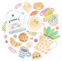 Round watercolor banner "Tea Time" with teapot, pancakes, cake, cup, cookies. Design element for party invitation, flyer, greeting card, banner, print. Tea time circle concept.