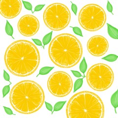 Obraz premium Abstract background with the image of circles of ripe yellow lemons and green leaves. For decorating wallpaper, textiles, kitchen utensils.
