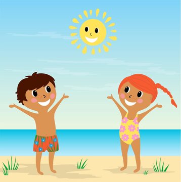 Happy kids on the beach,children sunbathe, flat design