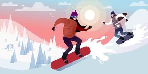 Two happy young girls snowboarding on a frosty day in the winter snowy mountains. Flat vector illustration.