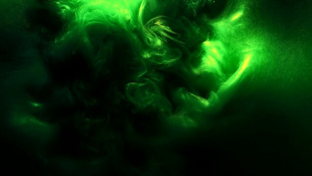 Fluid splash. Supernatural energy. Green glitter glowing fume motion on dark background.