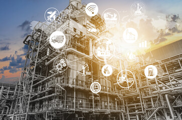 Industry 4.0 Oil refinery and double exposure icon concepts, networking and data exchange and modern technology for the world industrail.