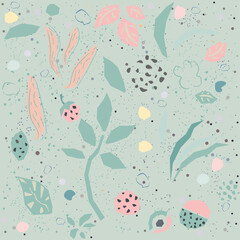 Hand Drawn Seamless Pattern with plants and berries. Artistic Creative Design.