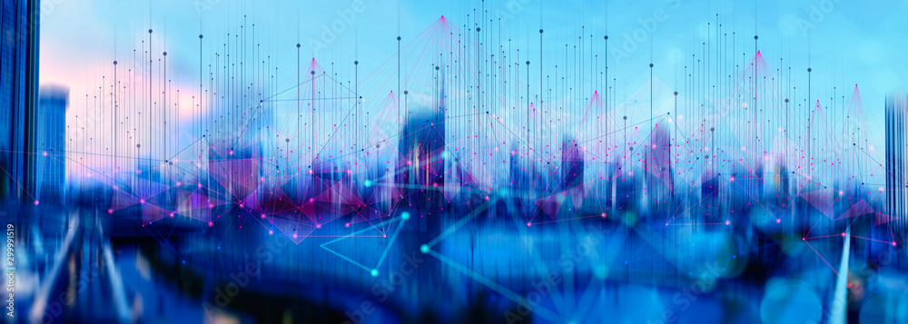 Poster Wireless network and Connection technology concept with Abstract Bangkok city background in panorama view