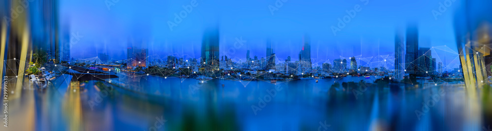 Aufkleber Wireless network and Connection technology concept with Abstract Bangkok city background in panorama view