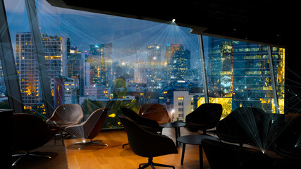 Bangkok city view point from Lounge interior. overlooking a magnificent cityscape blue sky and city...