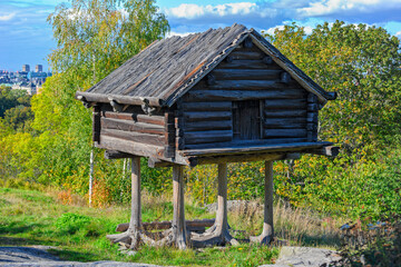 Preserved timber shed (Njalla) from Sami Camp from the beginnings of the 20th century, used in Lappland. Skansen, Stockholm, Sweden.