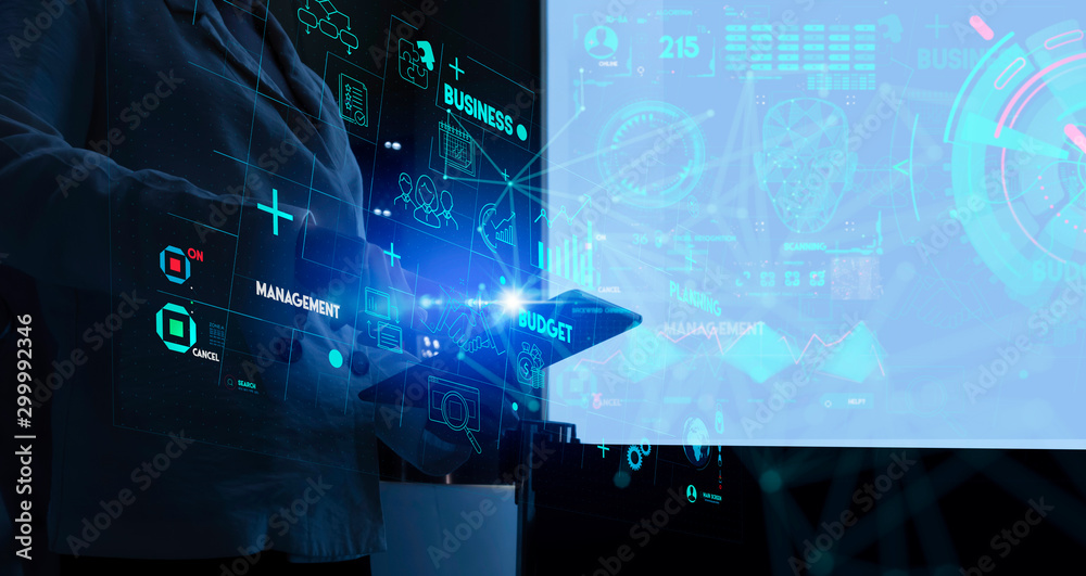 Poster Business data analytics process management with businesswoman hand touching connected gear cogs with KPI financial charts and graph and automated marketing dashboard.