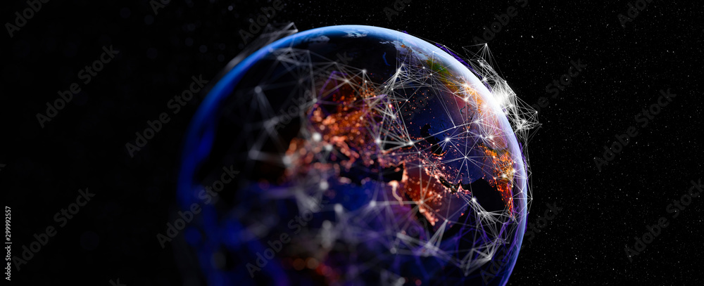 Poster Communication technology for internet business. Global world network and telecommunication on earth cryptocurrency and blockchain and IoT. Elements of this image furnished by NASA