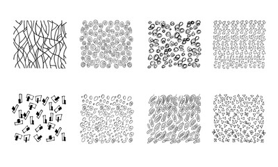 Hand drawn seamless textures. Ink brush patterns with simple and grunge doodle elements, strokes dots. Vector illustration abstract ethnic fabric black on white template set. Isolated on White Backgro