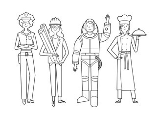 Professional woman. Cook, engineer, policeman, astronaut.  Vector illustration.