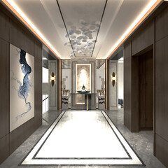 3d illustration of modern hotel corridor .