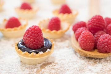 chocolate and raspberry cakes and candies