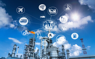 Industry 4.0 Oil refinery and double exposure icon concepts, networking and data exchange and...