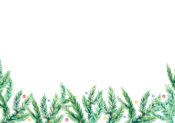 Fototapeta na wymiar Watercolor Christmas banner with green fir branches composition. Design illustration for greeting cards, frames, invitations templates and traditional calendars.